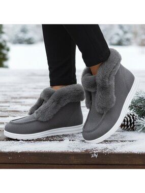 Plush Faux Fur Trim Round Moc Toe Slip-On Ankle Boots Fluffy Winter Bootie Shoes